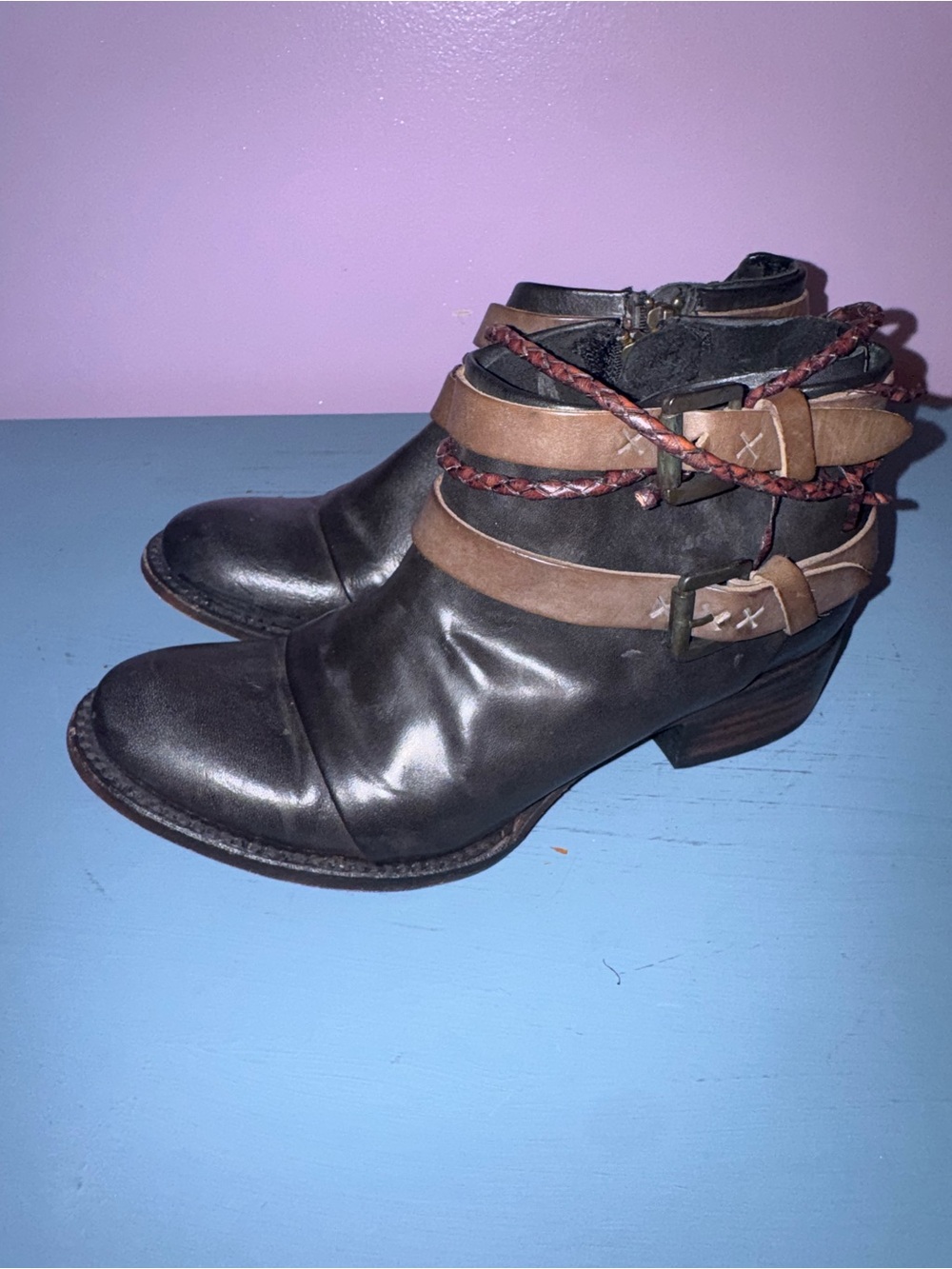 Freebird by Steven Black Leather Ankle Boots with Brown Straps